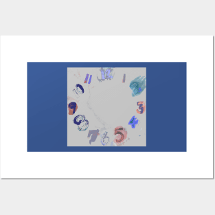 Clock with Numbers, light gray watercolor with blue, teal green, terracotta, purple Posters and Art